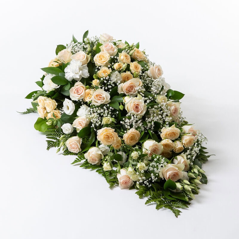 Båredekorasjon fersken og rosa stor begravelse bisettelse blomster
