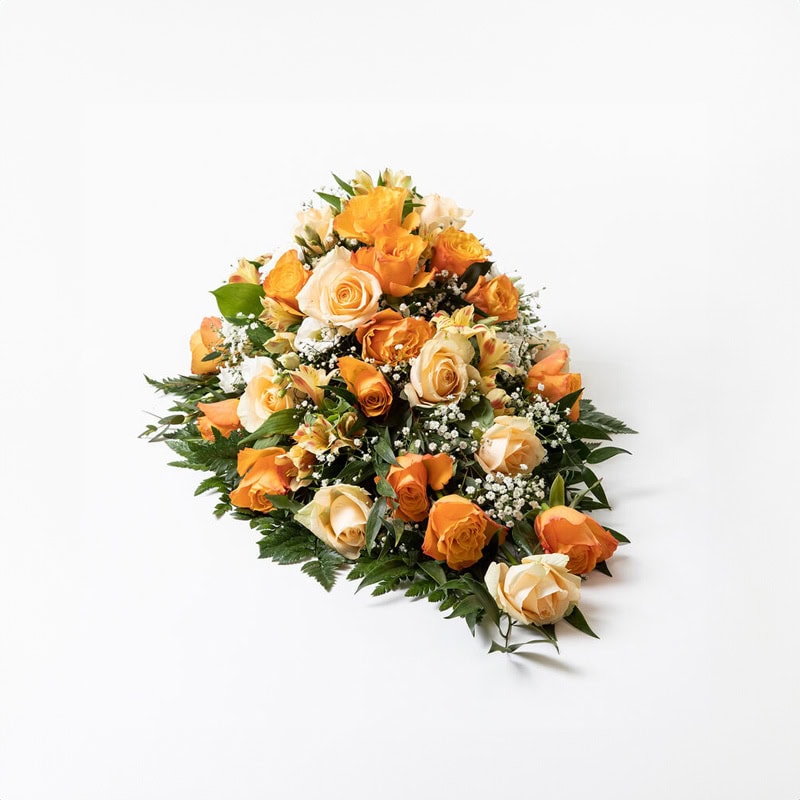 Båredekorasjon gyllen liten begravelse bisettelse blomster