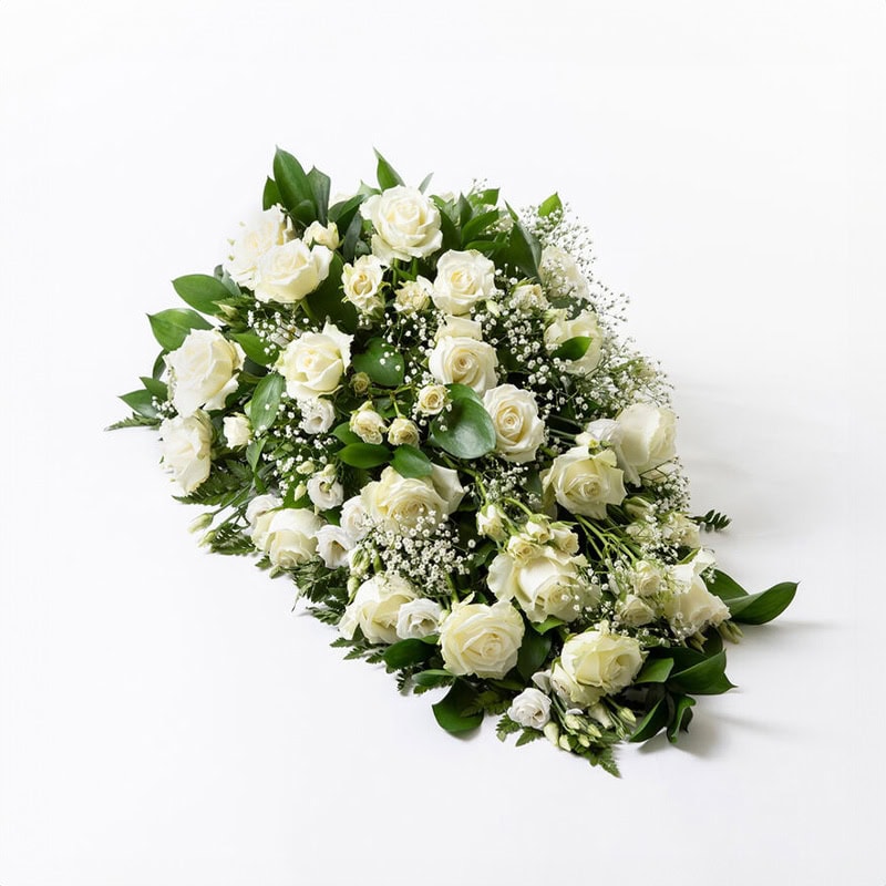 Båredekorasjon hvit medium begravelse bisettelse blomster