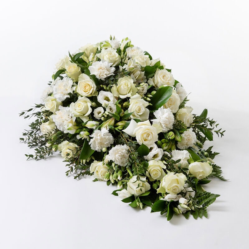Båredekorasjon hvit stor begravelse bisettelse blomster