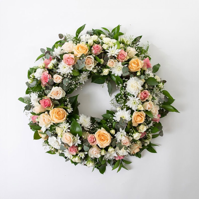 Krans fersken og rosa medium begravelse bisettelse blomster